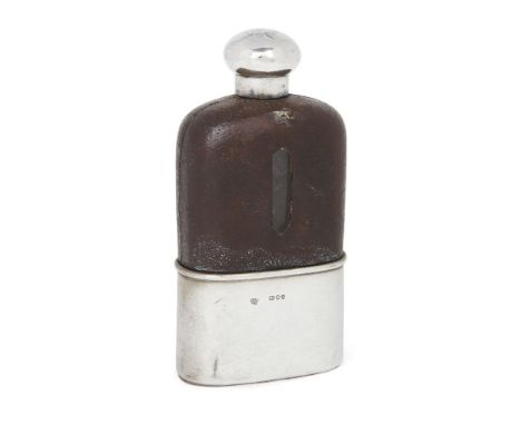 A Victorian silver and leather mounted glass hip flask, London, 1890, Drew & Sons, with removable drinking cup, the round cap