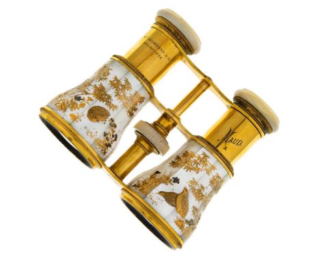 A pair of French mother-of-pearl and shibayama opera glasses, late 19th century, the bodies decorated with birds and flowers,
