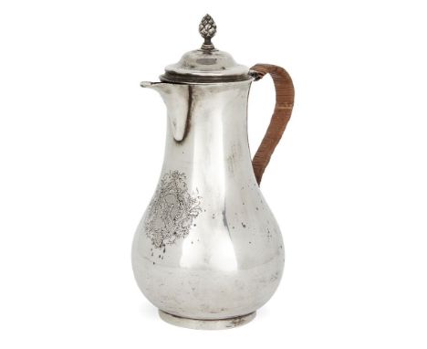 A George II silver hot water pot, London, 1758, Magdalen Feline, of plain baluster form with wicker handle and short spout, t