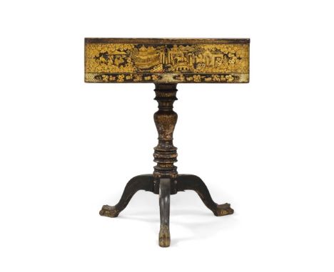 A Chinese export Chinoiserie sewing box on stand, circa 1830, the hinged top with initials E.C to centre, surrounded by figur