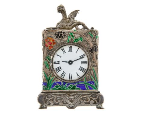 A French white metal and enamel mignonette, the white metal case with enamelled decoration of flowers and cranes, with dragon