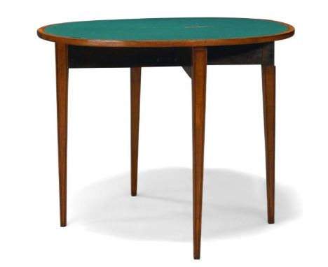 A George III satinwood and crossbanded demi-lune folding card table, early 19th century, the fold out circular top with green