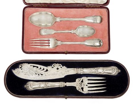 A cased set of Victorian silver fish servers, Sheffield, 1853, Henry Wilkinson & Co., the handles designed with grotesque mas