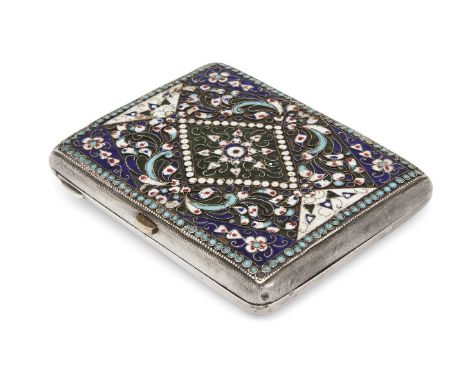 A Russian cloisonnÃ© enamel cigarette case, early 20th century, with 84 kokoshnik mark, of rectangular form, the front and ba