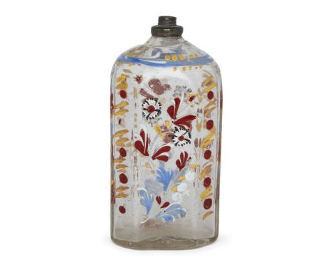 A German enamelled glass flask, 18th century, brightly decorated with floral sprays, 14cm highPlease refer to department for 