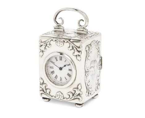 A small Edwardian silver boudoir clock, London, 1901, William Comyns & Sons, the circular white enamel dial with Roman numera