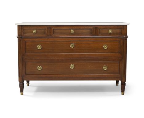 A Louis XV style mahogany commode, by Saridis, white marble top above three short drawers and two long, reeded columns, raise