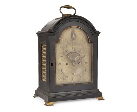 A George III ebonised twin fusee bracket clock, by John Montner, early 19th century, the ebonised case with broken arched cor