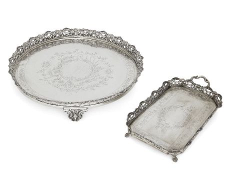 Two Portuguese trays with openwork sides, Porto, .833 standard, the circular example with three shell bracket feet, 33.2cm di