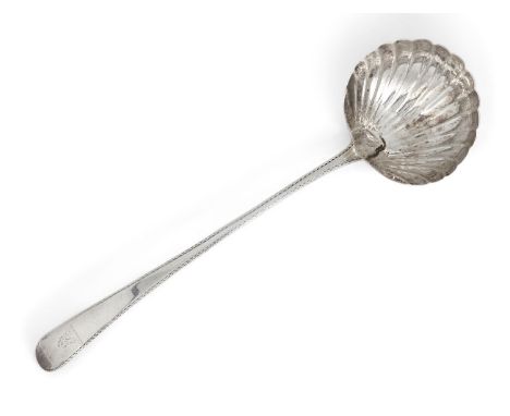 A George III Irish silver ladle, Dublin, 1779, John Bolland, the fluted circular bowl to stem with chased border and crested 
