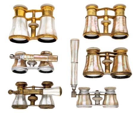 Six pairs of French mother-of-pearl opera glasses, late 19th century, to include a gilt-brass example with eyepieces marked L