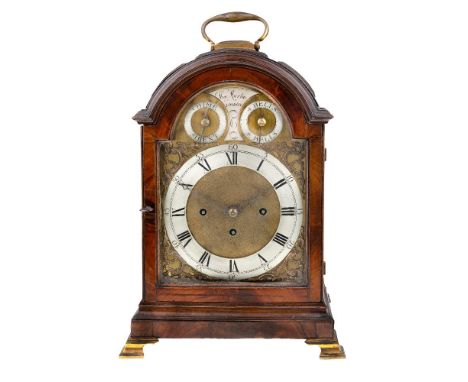 A mahogany eight day quarter chiming bracket clock, early 19th century, the case with carrying handle over moulded cornice, t