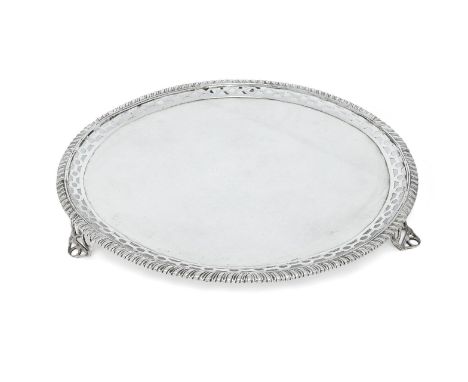 A George III Scottish silver salver, Edinburgh, 1773, Patrick Robertson, designed with pierced border and gadrooned edge, the