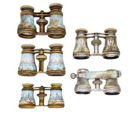 Five pairs of enamelled opera glasses, late 19th to early 20th century, to include a pair of gilt-brass opera glasses with mo