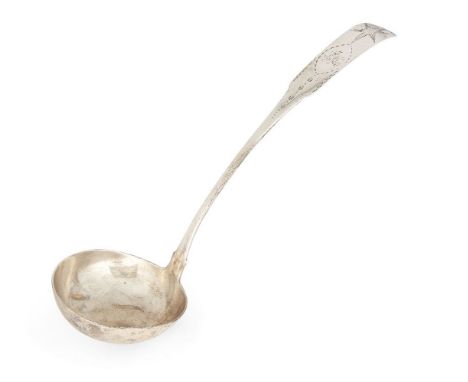 A George III Irish silver ladle, Dublin, 1805, John Power, of fiddle pattern design, the handle engraved with star motif and 