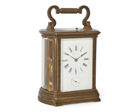 A French brass carriage repeating clock with alarm, 19th century, the brass case with floral engraved decoration, the sides w