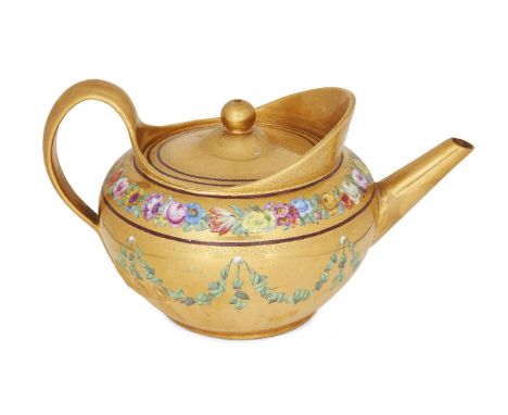 A Vienna (Sorgenthal) gold-ground teapot and cover, c.1796, finely painted with pendant swags of ivy below a garland of flowe