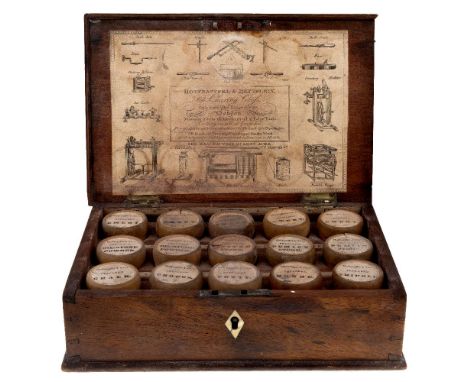 A Regency mahogany boxed set of powders for tool sharpening, by Holtzapffel & Deyerlein, first quarter 19th century, the fitt