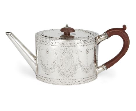 A George III silver teapot, London, 1784, Robert Hennell I, of oval form, the sides bright-cut decorated with floral garlands