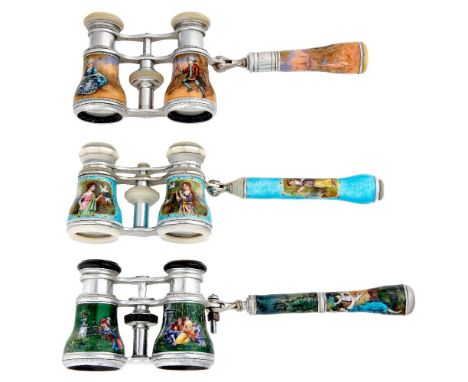 Three pairs of French nickel-plated and enamelled opera glasses, late 19th century, to include: a pair with mother-of-pearl e