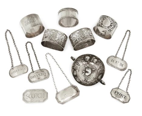 Six silver decanter labels including two oval George III examples, London, 1807, Thomas Phipps & Edward Robinson, one reading