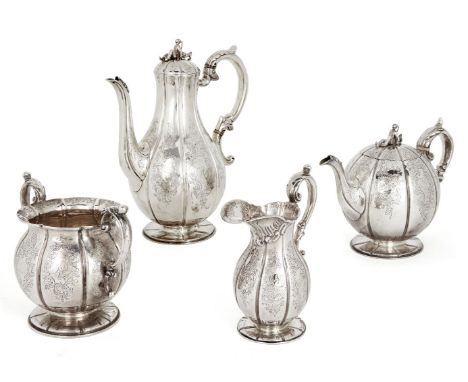 A matched Victorian silver four piece tea service, the tea pot, milk jug and sugar London, 1843, John Angell II & George Ange