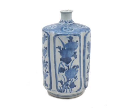 A Japanese Arita porcelain blue and white flask, Edo period, 17th century, of pentalobed form, the exterior painted with pane