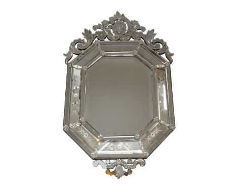 A Venetian style etched glass mirror, 20th century, floral crest and floral etching, with central bevelled plate, 127 x 80cmP