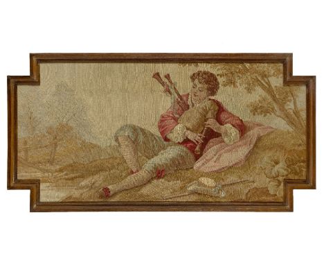 Two Aubusson framed tapestry panels, 19th century, depicting a young lady with a dog and a young man with bag pipes, both in 