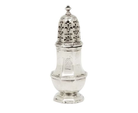 A small George I Britannia standard caster, London, 1723, Thomas Bamford, of octagonal baluster form, the pierced cap with kn