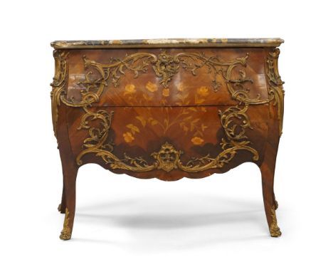 A French Louis XV style kingwood bombe commode with marble top, circa 1890, ormolu mounts and marquetry inlay, two drawers, r