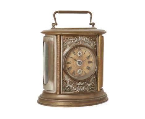 A German brass oval alarm clock, 20th century, the circular dial with Roman numerals and two subsidiary dials, twin train mov