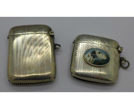 Two silver vesta cases, one with applied enamel plaque