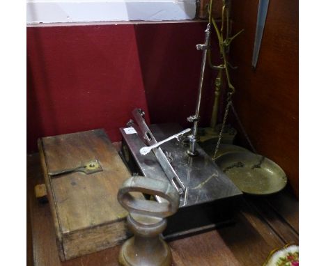 Three balance scales and a 4lb brass weight