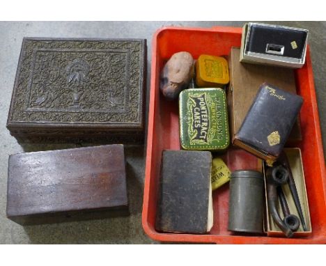 An Indian carved box, tins, field glasses, hardstone compass, etc.