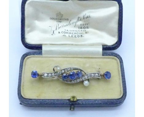 A sapphire, pearl and diamond set brooch