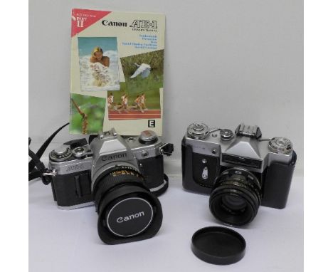 A Canon AE-1 camera with Canon 50mm 1:1.4 lens and booklet and Zenith Zenit-E with Helios F2 lens