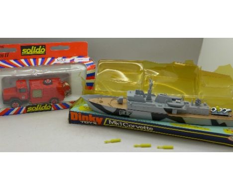 A Dinky 671 MK1 Corvette in original packaging and a Solido Toner Gam II fire engine, boxed