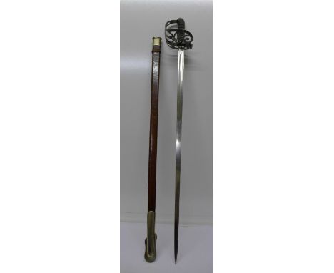 A British Rifle Brigade infantry officers sword with leather scabbard, length of blade 82cm