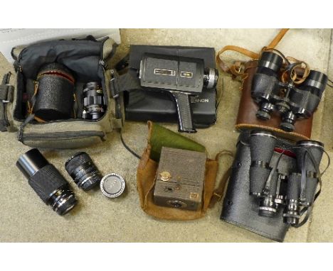 Two pairs of binoculars, a Chinon cine camera, camera lenses, etc.