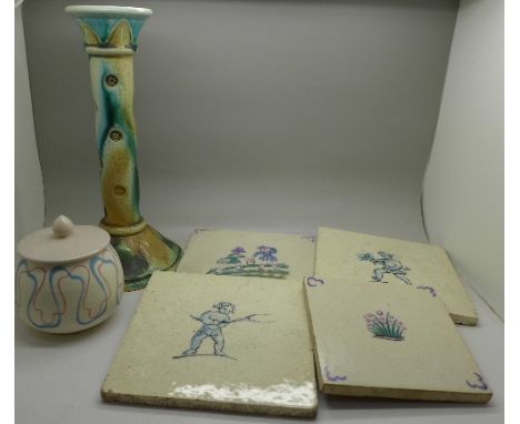 Four picture tiles, a Poole pottery preserve pot and a Darley Pottery candlestick