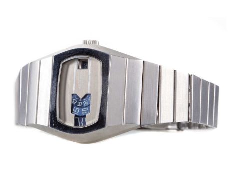 GENTLEMAN'S ROTARY AUTOMATIC STAINLESS STEEL WRIST WATCH,the rectangular dial with three rotating blue displays showing the h