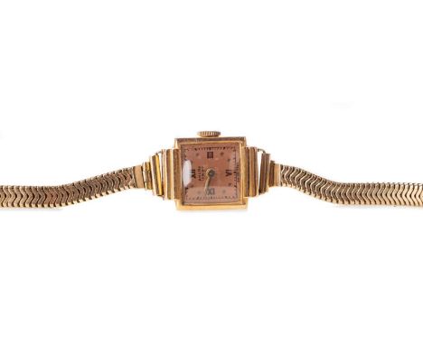 LADY'S ANCRE EIGHTEEN CARAT GOLD MANUAL WIND WRIST WATCH,the square copper coloured dial with Roman and dot hour markers, out