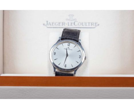 GENTLEMAN'S JAEGER LE COULTRE MASTER ULTRA THIN STAINLESS STEEL MANUAL WIND WRIST WATCH,the round silvered dial with wedge an