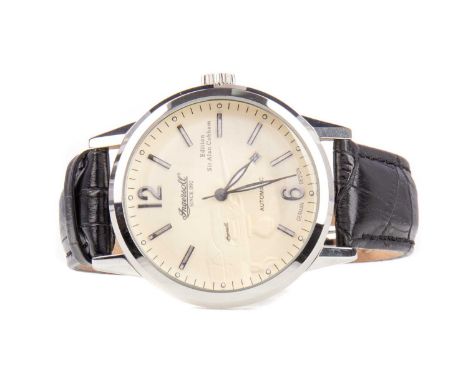 GENTLEMAN'S INGERSOLL SIR ALAN COBHAM EDITION STAINLESS STEEL AUTOMATIC WRIST WATCH,the round cream dial with baton and Arabi