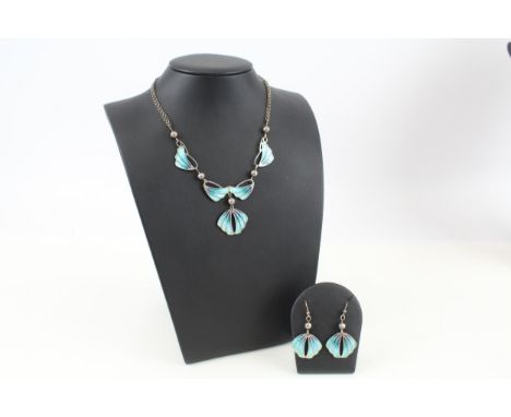 A silver Art Nouveau style enamel necklace and earring set by Malcom Gray (24g) 