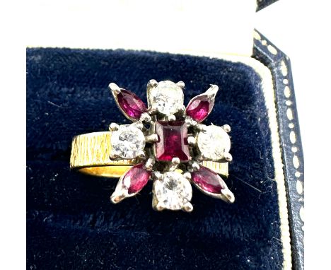 18ct gold ruby &amp; diamond ring set with 4 diamonds est 80 pts diamonds weight 7g 