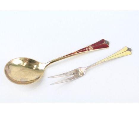 2 x .925 sterling david anderson guilloche enamel spoon &amp; salad fork 