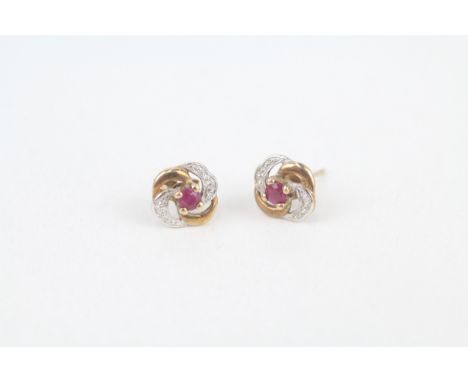 9ct gold ruby stud earrings with scroll backs 