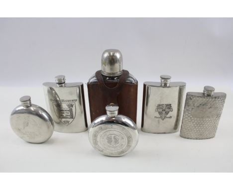 6 x Vintage Hip Flasks Inc Cambridge / Oxford University, Celtic FC, Pewter Etc 